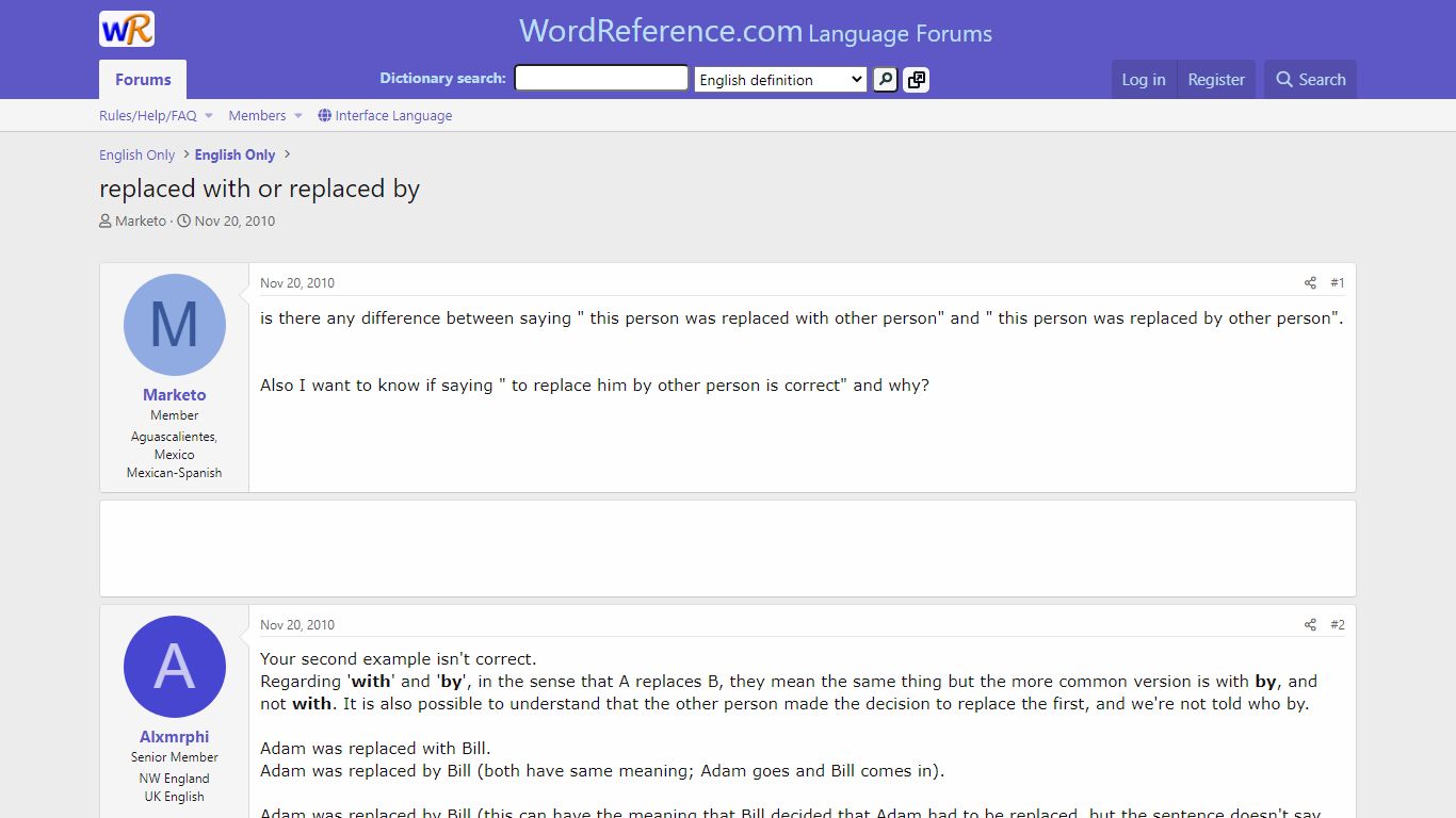 replaced with or replaced by | WordReference Forums